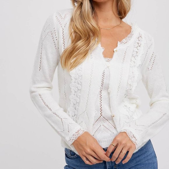 LACE TRIMMED KNIT CARDIGAN - IVORY - Picture 1 of 4